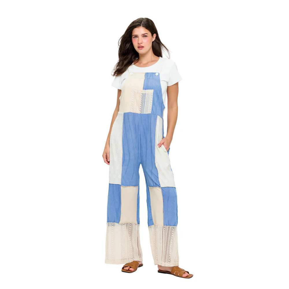26418 BLUE Yak & Yeti Flowy Wide Leg Lace Patchwork Overall Various Sizes